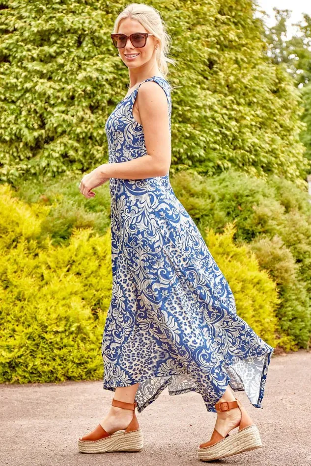 Women Blue Contrast Hanky Hem Asymmetric Midi Dress Roman Dresses