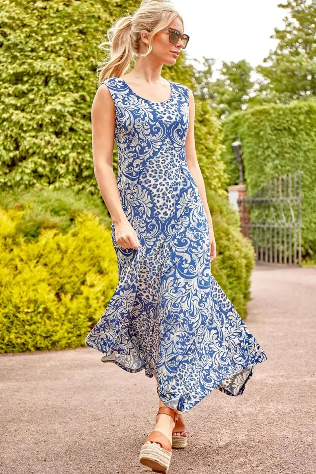 Women Blue Contrast Hanky Hem Asymmetric Midi Dress Roman Dresses