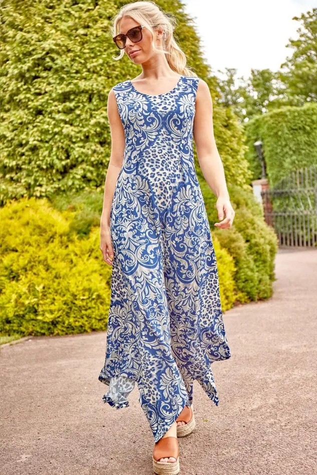 Women Blue Contrast Hanky Hem Asymmetric Midi Dress Roman Dresses
