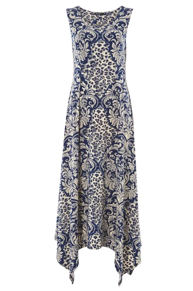 Women Blue Contrast Hanky Hem Asymmetric Midi Dress Roman Dresses