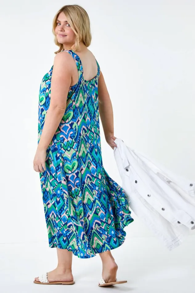 Women Blue Curve Abstract Ring Detail Midi Dress Roman Dresses