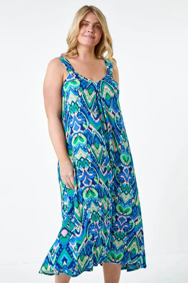 Women Blue Curve Abstract Ring Detail Midi Dress Roman Dresses
