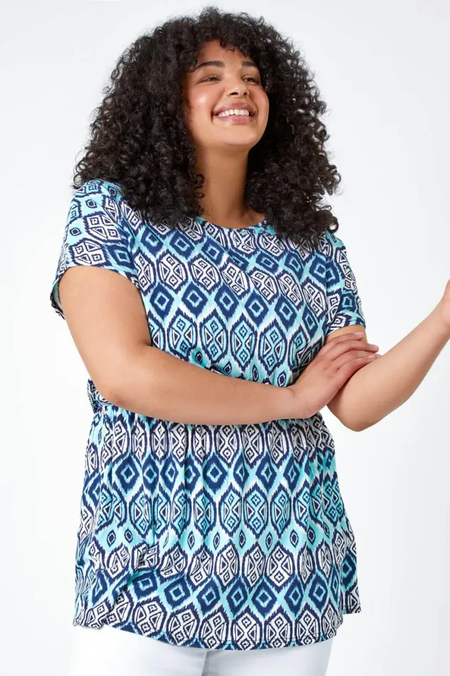 Women Blue Curve Aztec Print Stretch Top Roman Tops