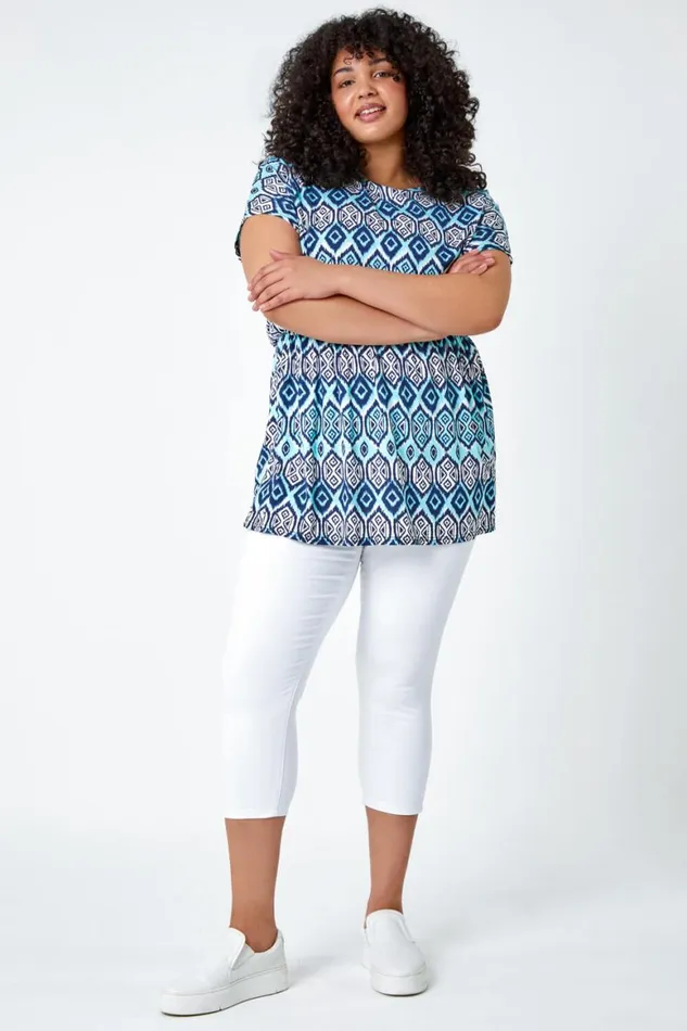 Women Blue Curve Aztec Print Stretch Top Roman Tops