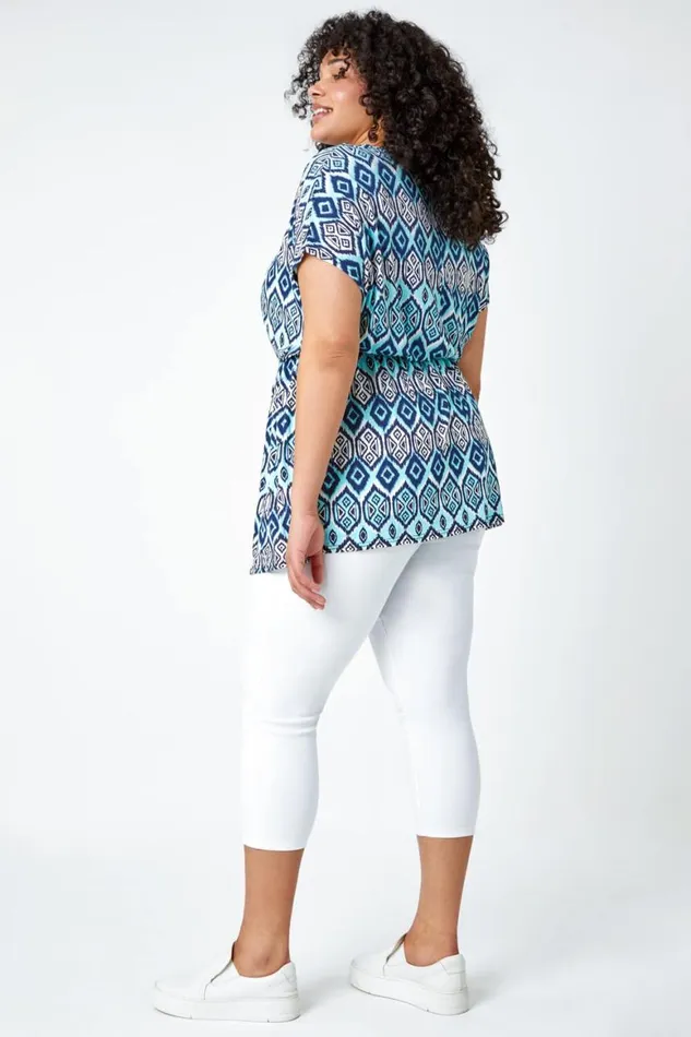 Women Blue Curve Aztec Print Stretch Top Roman Tops