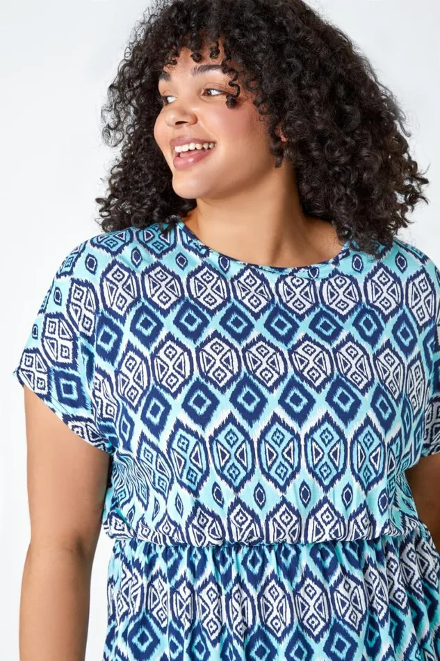 Women Blue Curve Aztec Print Stretch Top Roman Tops