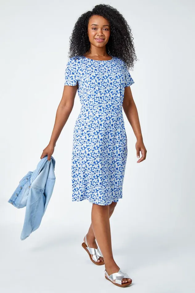 Women Blue Ditsy Floral Pocket Stretch Dress Roman Dresses