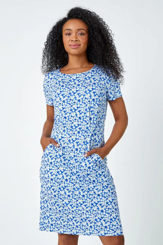 Women Blue Ditsy Floral Pocket Stretch Dress Roman Dresses