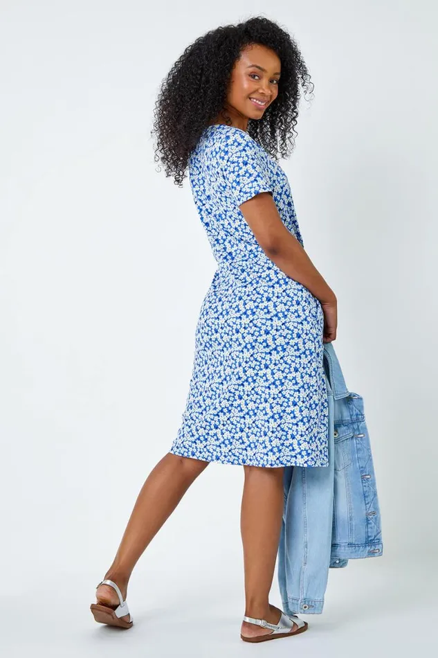 Women Blue Ditsy Floral Pocket Stretch Dress Roman Dresses