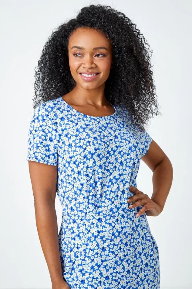 Women Blue Ditsy Floral Pocket Stretch Dress Roman Dresses