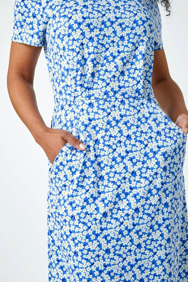 Women Blue Ditsy Floral Pocket Stretch Dress Roman Dresses