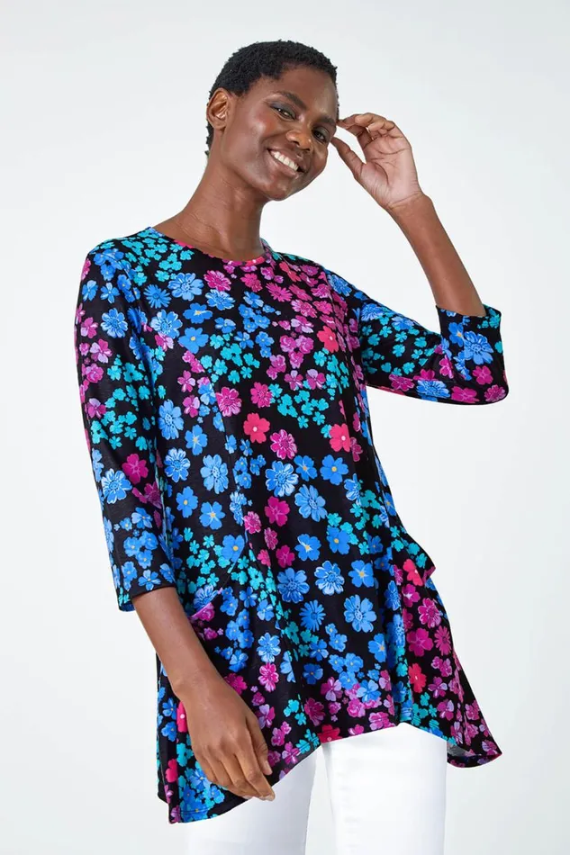 Women Blue Floral Pocket Stretch Tunic Top Roman Tops