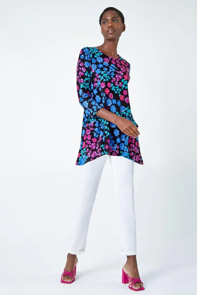 Women Blue Floral Pocket Stretch Tunic Top Roman Tops
