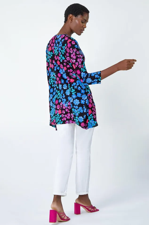 Women Blue Floral Pocket Stretch Tunic Top Roman Tops