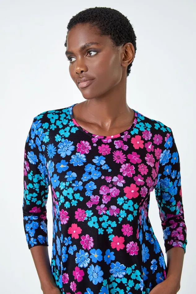 Women Blue Floral Pocket Stretch Tunic Top Roman Tops