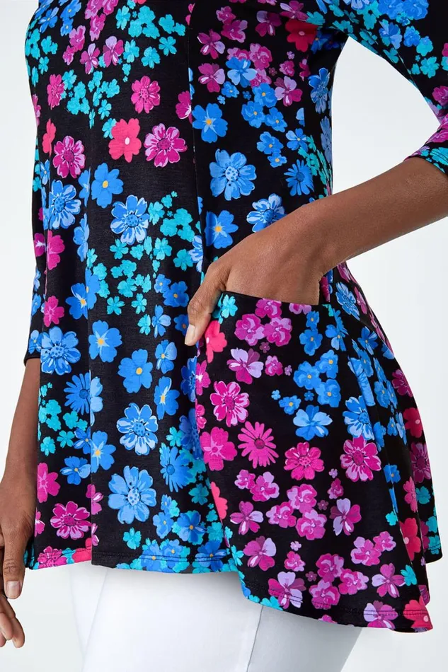 Women Blue Floral Pocket Stretch Tunic Top Roman Tops