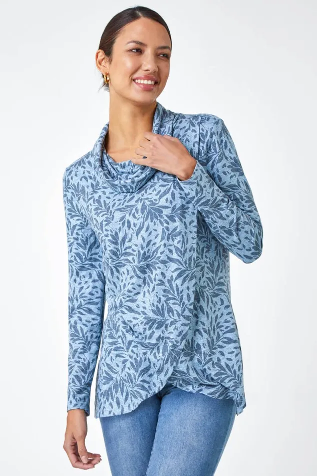Women Blue Floral Print Cowl Neck Stretch Top Roman Tops