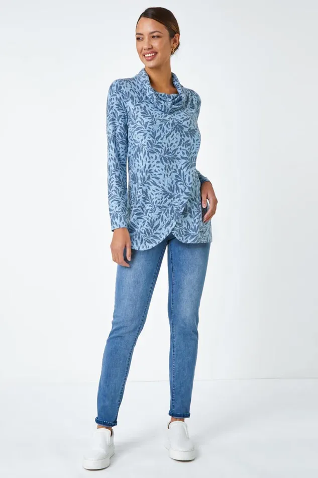 Women Blue Floral Print Cowl Neck Stretch Top Roman Tops