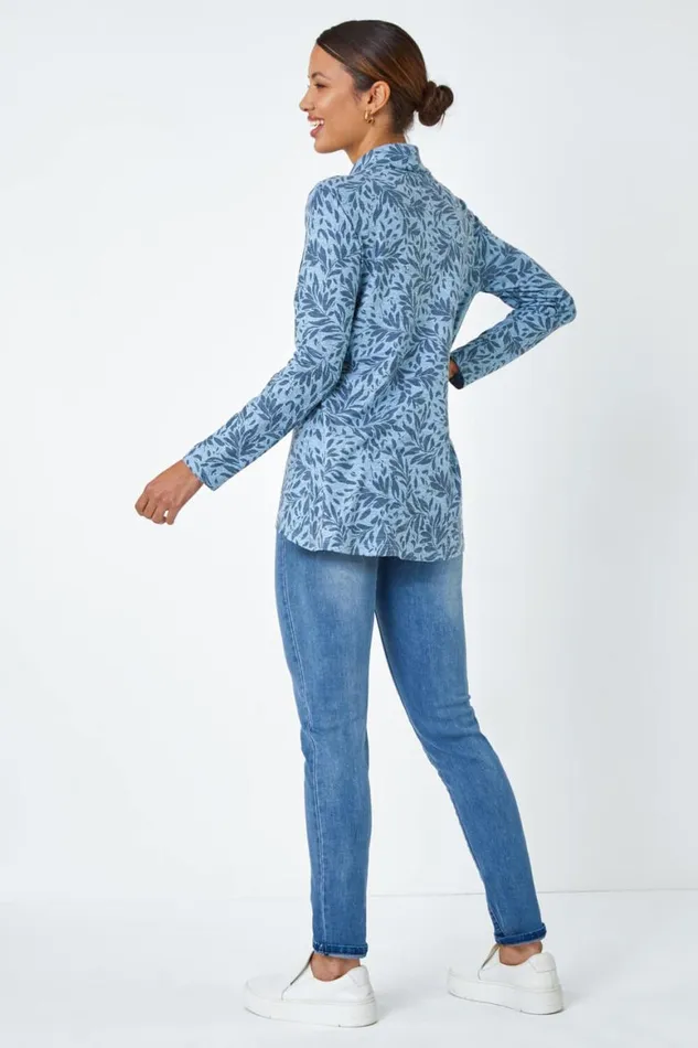 Women Blue Floral Print Cowl Neck Stretch Top Roman Tops