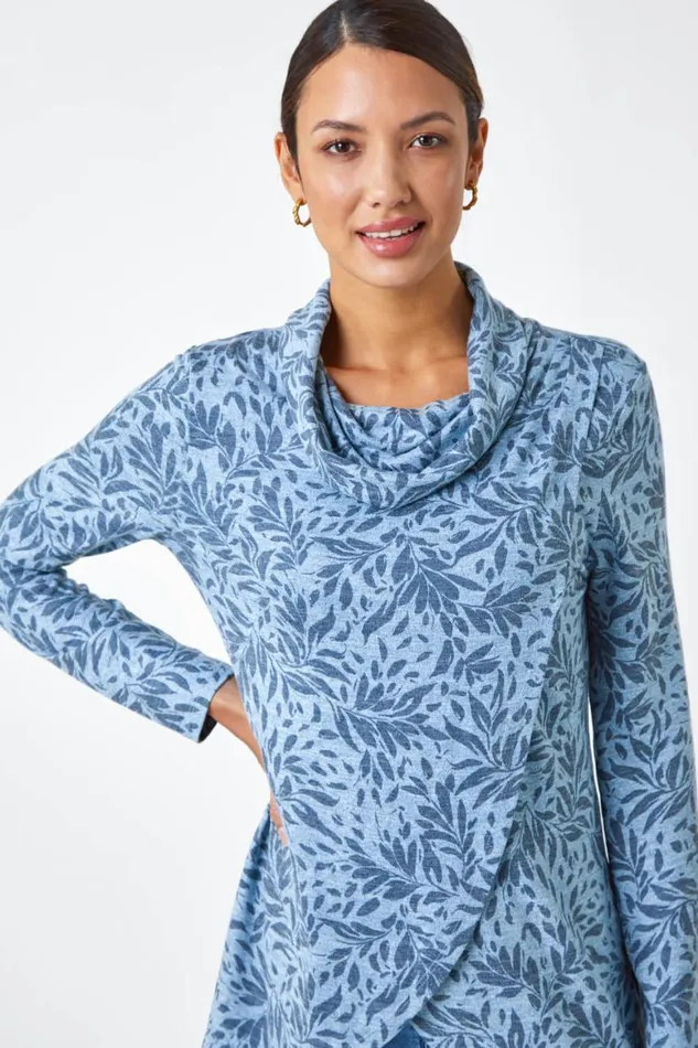 Women Blue Floral Print Cowl Neck Stretch Top Roman Tops