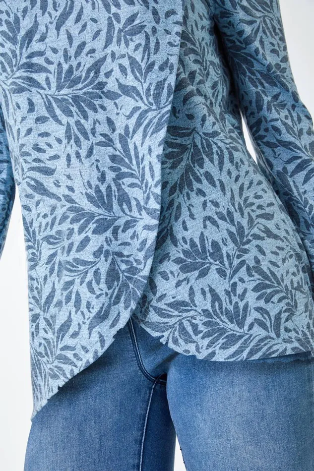 Women Blue Floral Print Cowl Neck Stretch Top Roman Tops