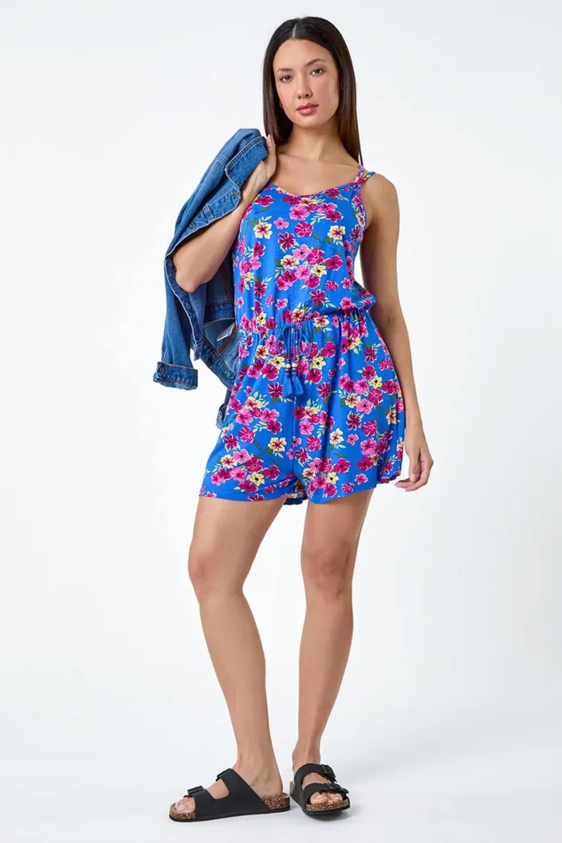 Women Blue Floral Print Sleeveless Stretch Playsuit Roman Dresses