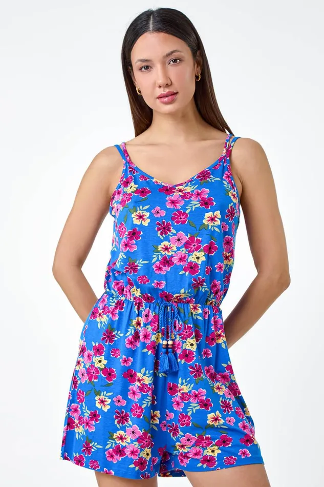Women Blue Floral Print Sleeveless Stretch Playsuit Roman Dresses