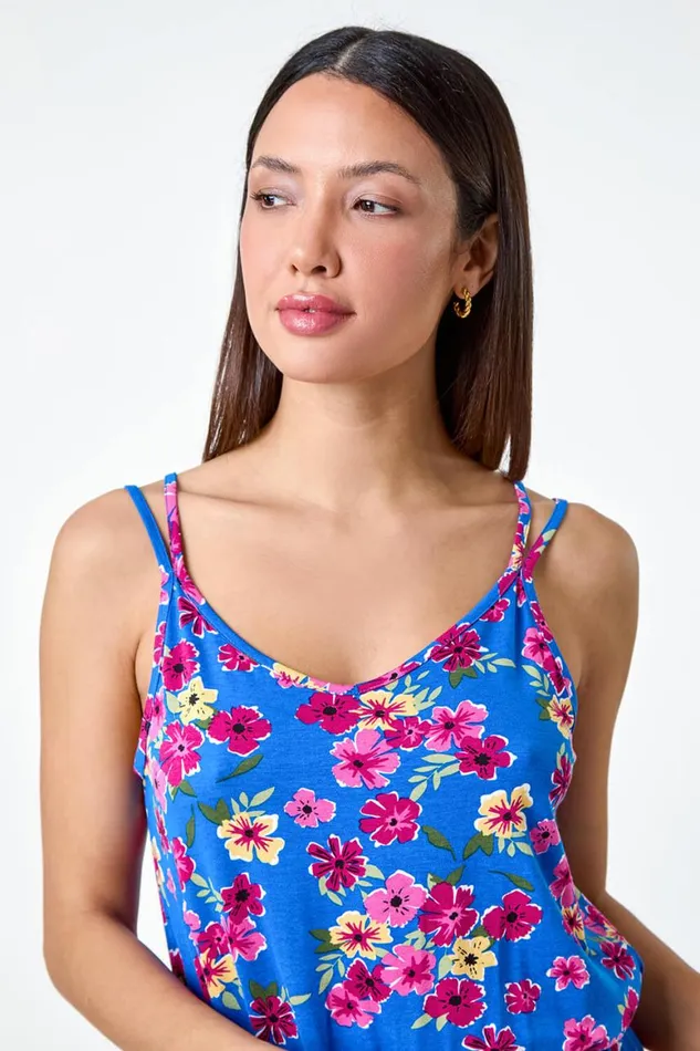 Women Blue Floral Print Sleeveless Stretch Playsuit Roman Dresses