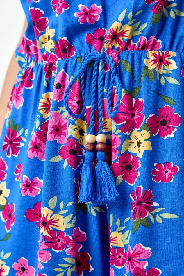 Women Blue Floral Print Sleeveless Stretch Playsuit Roman Dresses
