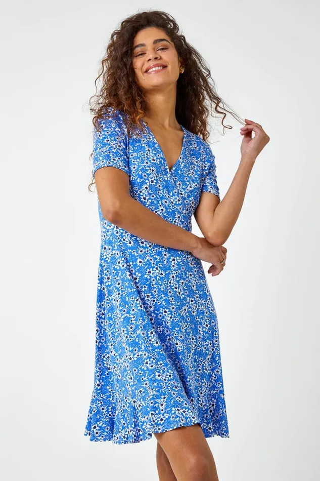 Women Blue Floral Print Wrap Dress Roman Dresses