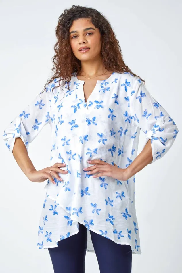 Women Blue Floral Print Wrap Hem VNeck Tunic Top Roman Tops