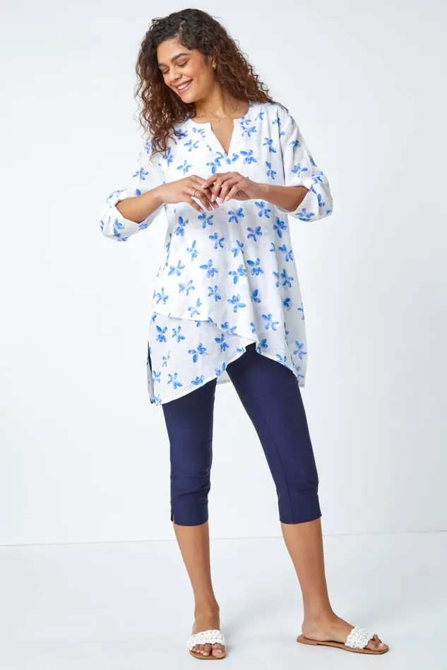 Women Blue Floral Print Wrap Hem VNeck Tunic Top Roman Tops