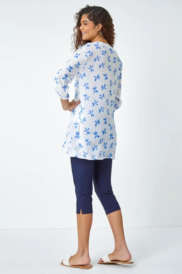 Women Blue Floral Print Wrap Hem VNeck Tunic Top Roman Tops