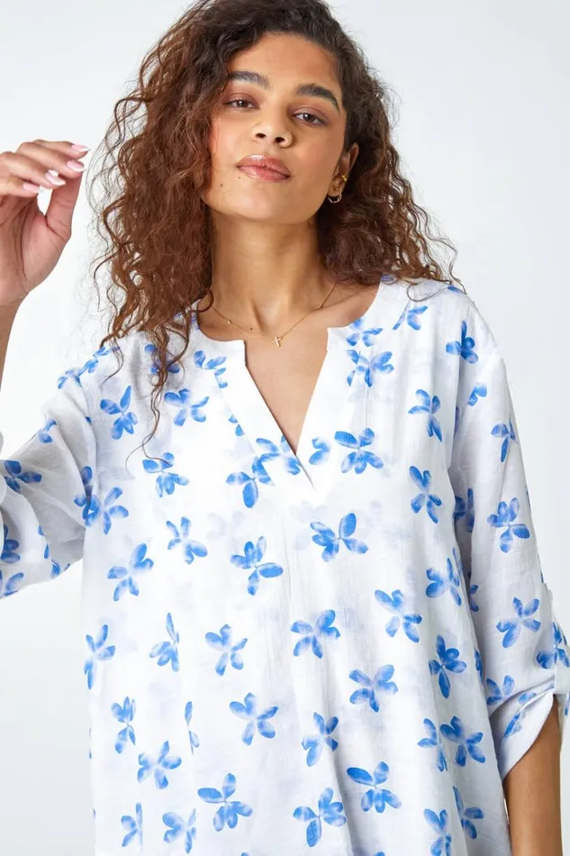 Women Blue Floral Print Wrap Hem VNeck Tunic Top Roman Tops