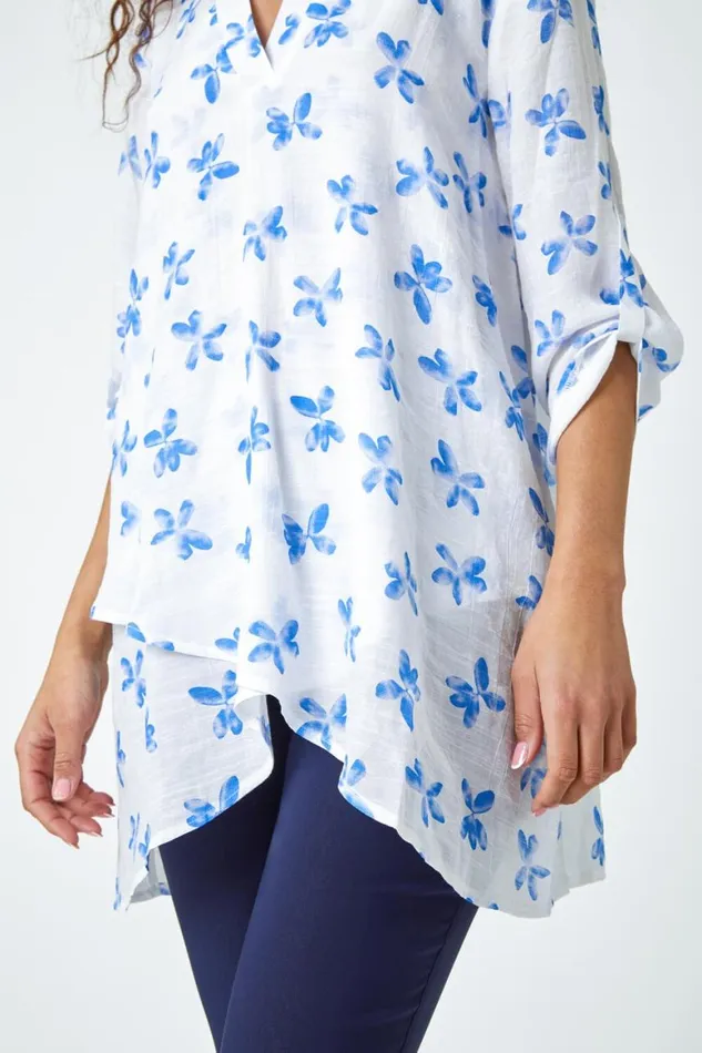 Women Blue Floral Print Wrap Hem VNeck Tunic Top Roman Tops