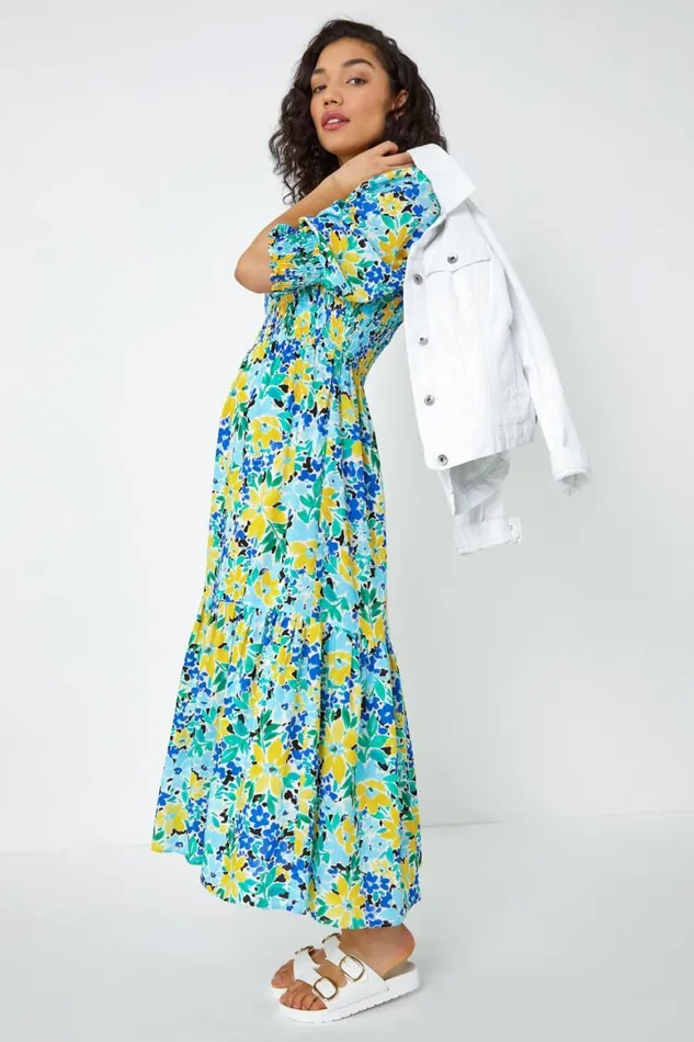 Women Blue Floral Stretch Shirred Midi Dress Roman Dresses