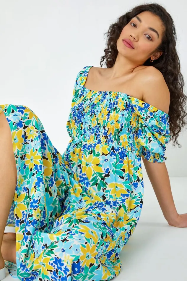 Women Blue Floral Stretch Shirred Midi Dress Roman Dresses