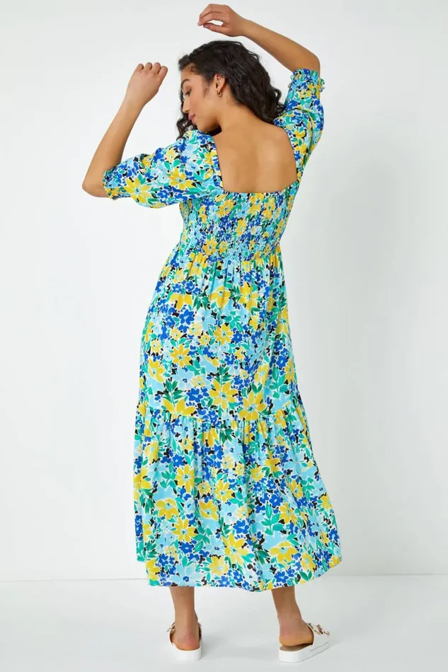 Women Blue Floral Stretch Shirred Midi Dress Roman Dresses