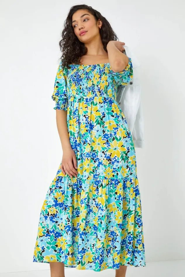 Women Blue Floral Stretch Shirred Midi Dress Roman Dresses
