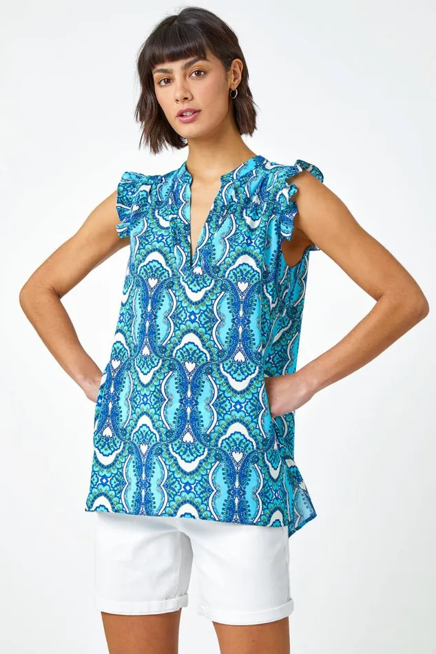 Women Blue Geo Print VNeck Sleeveless Ruffle Top Roman Tops