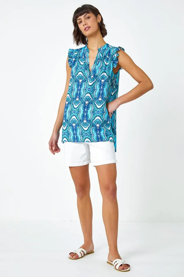 Women Blue Geo Print VNeck Sleeveless Ruffle Top Roman Tops