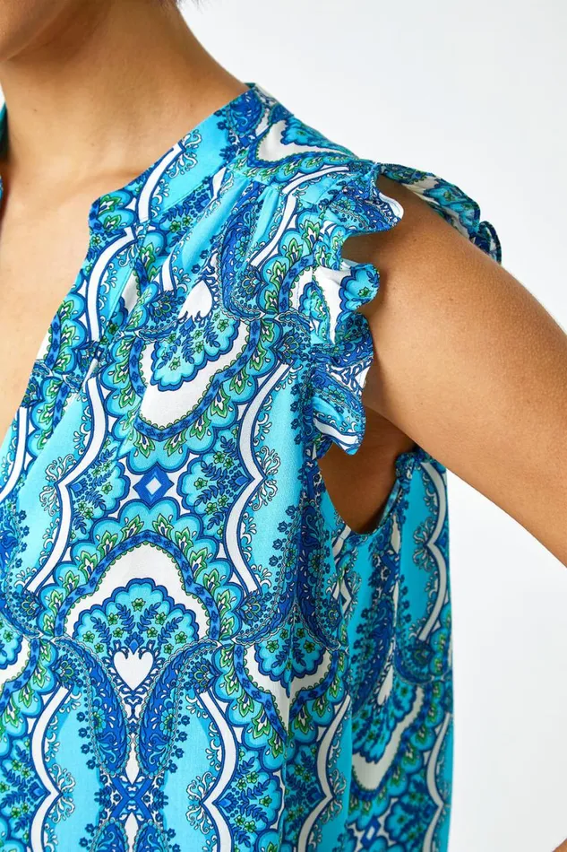 Women Blue Geo Print VNeck Sleeveless Ruffle Top Roman Tops