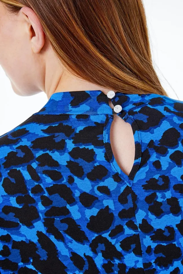 Women Blue High Neck Shirred Animal Top Roman Tops