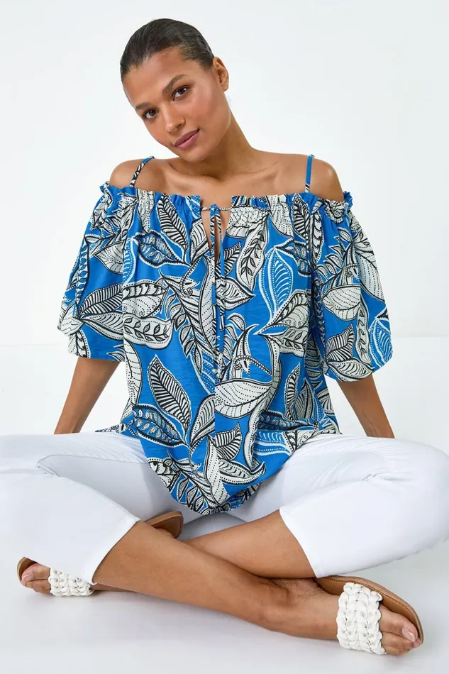 Women Blue Leaf Print Cold Shoulder Bardot Top Roman Tops