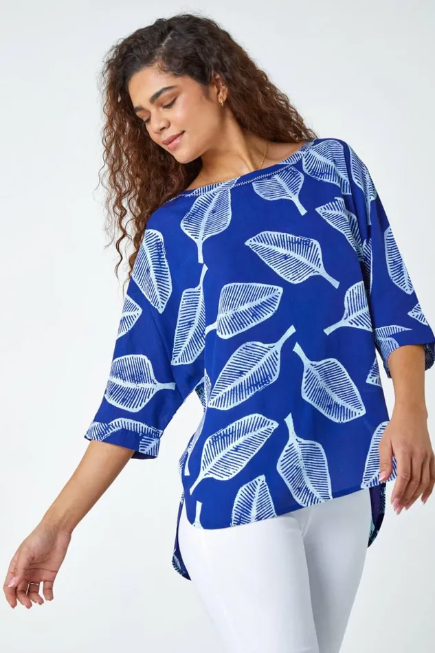 Women Blue Leaf Print Relaxed Tunic Top Roman Tops