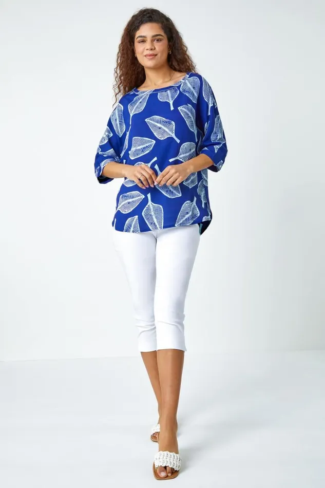 Women Blue Leaf Print Relaxed Tunic Top Roman Tops