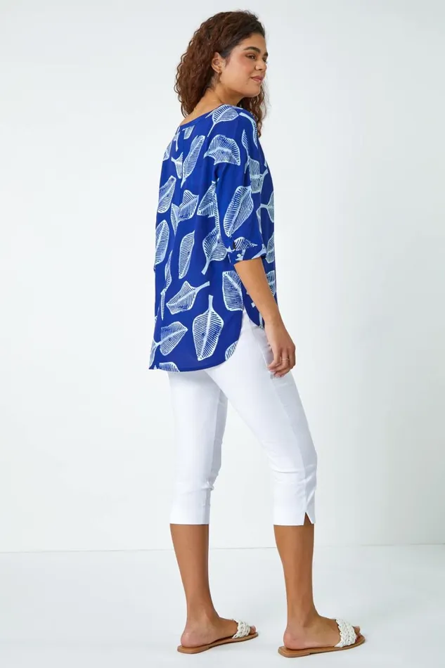 Women Blue Leaf Print Relaxed Tunic Top Roman Tops
