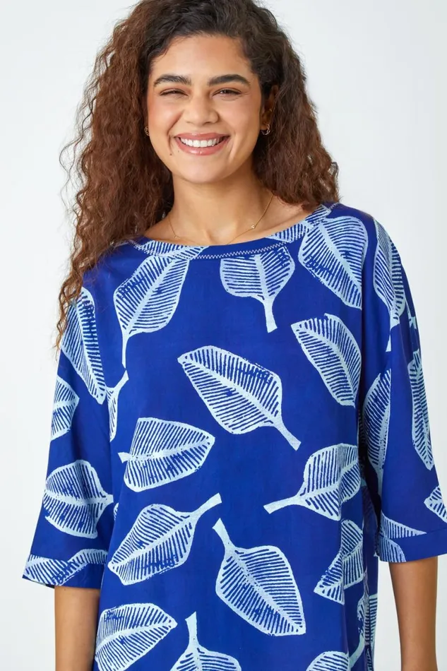 Women Blue Leaf Print Relaxed Tunic Top Roman Tops