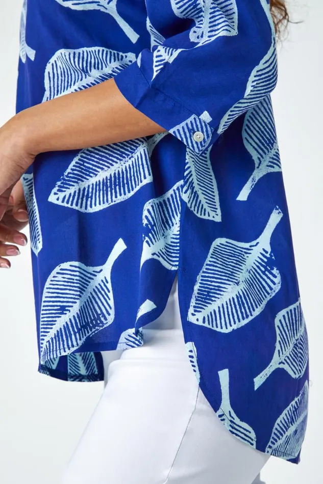 Women Blue Leaf Print Relaxed Tunic Top Roman Tops