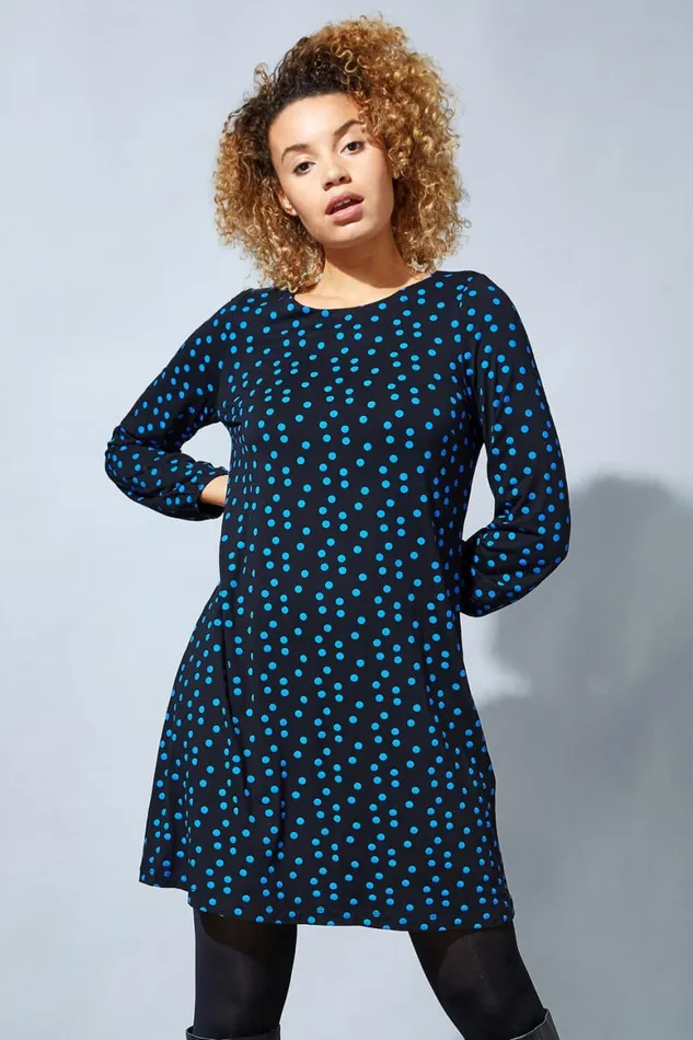 Women Blue Long Sleeve Spot Print Shift Dress Roman Dresses